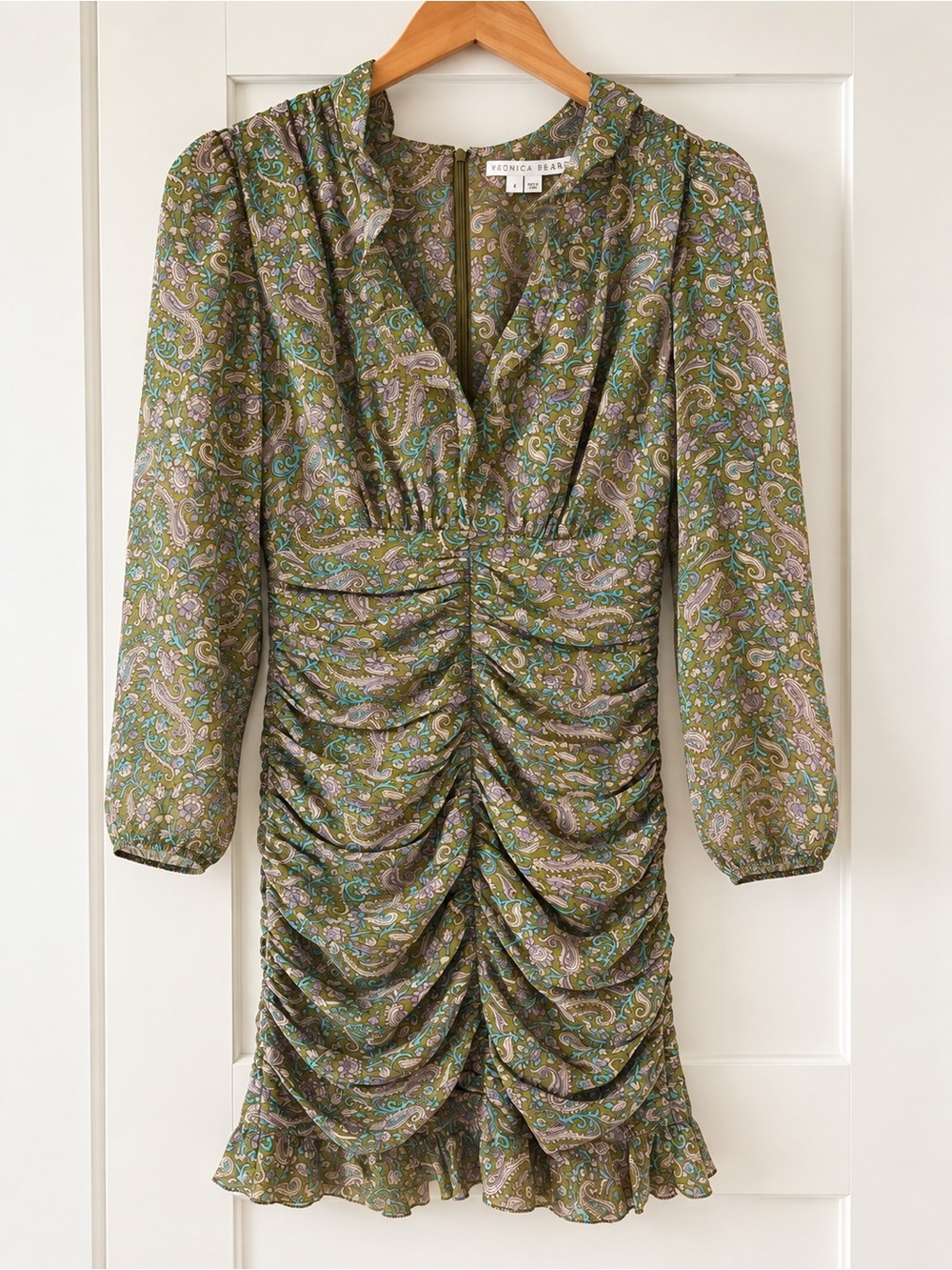 Veronica Beard Green Paisley Ruched Long-Sleeve Mini Dress